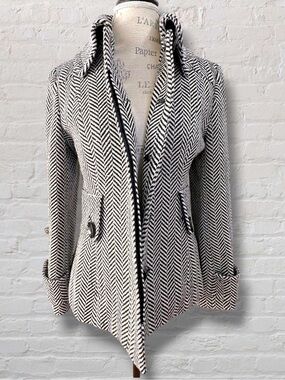 Nicole Benisti Point Zero Vintage Herringbone Asymmetric Coat Black White S